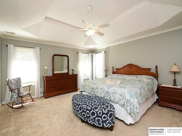 5103 N 140th St, Omaha, NE 68164 - bedroom with carpet, crown molding, baseboards, a raised ceiling, and ceiling fan