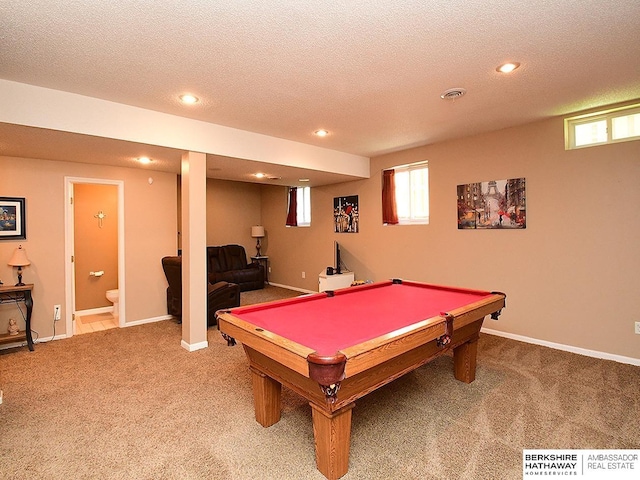 5103 N 140th St, Omaha, NE 68164 - game room with light colored carpet, billiards, recessed lighting, a textured ceiling, and healthy amount of natural light