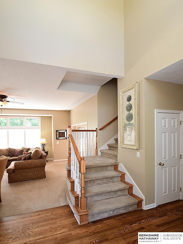 5103 N 140th St, Omaha, NE 68164 - stairs featuring ceiling fan, baseboards, and wood finished floors
