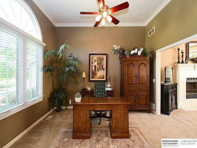 5103 N 140th St, Omaha, NE 68164 - office space featuring light carpet, healthy amount of natural light, a ceiling fan, ornamental molding, and a tiled fireplace