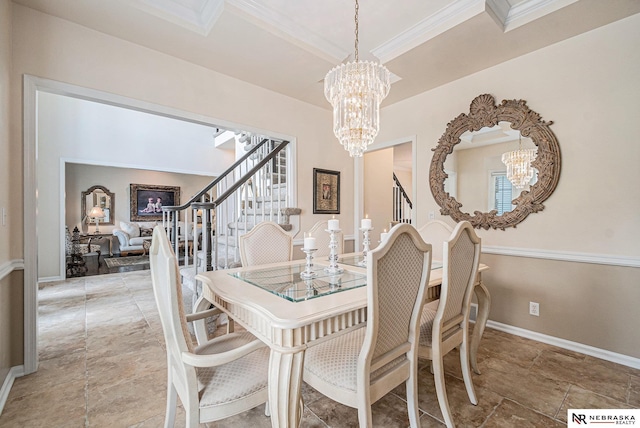 2221 S 181st Cir, Omaha, NE 68130 - dining room featuring stairway, a chandelier, ornamental molding, and light stone finish flooring