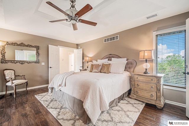 2221 S 181st Cir, Omaha, NE 68130 - bedroom with dark wood finished floors, a raised ceiling, and a ceiling fan