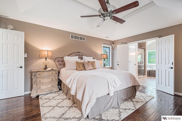 2221 S 181st Cir, Omaha, NE 68130 - bedroom featuring dark wood-style floors, ensuite bathroom, and a ceiling fan