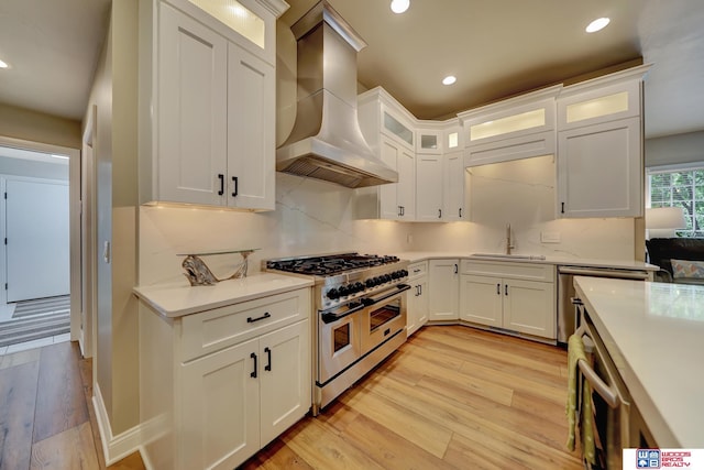 6602 Pheasant Run Pl, Lincoln, NE 68516 - kitchen featuring stainless steel appliances, a sink, custom exhaust hood, light wood-type flooring, and light countertops