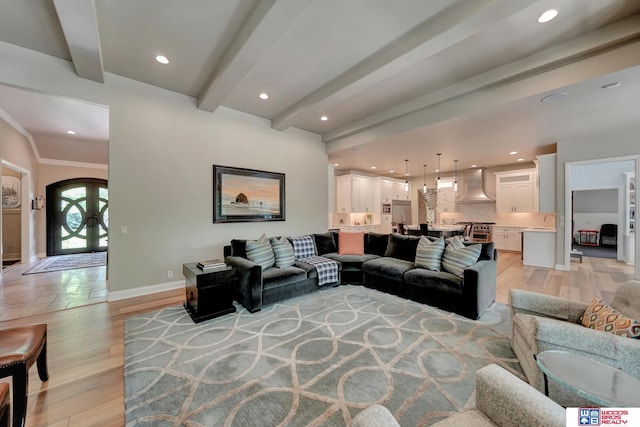 6602 Pheasant Run Pl, Lincoln, NE 68516 - living room featuring beamed ceiling, light wood-style flooring, baseboards, and recessed lighting