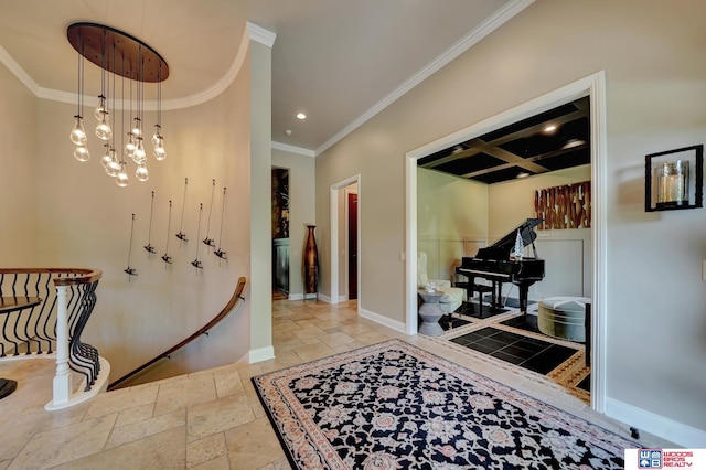6602 Pheasant Run Pl, Lincoln, NE 68516 - corridor featuring ornamental molding, stone tile floors, baseboards, recessed lighting, and a chandelier