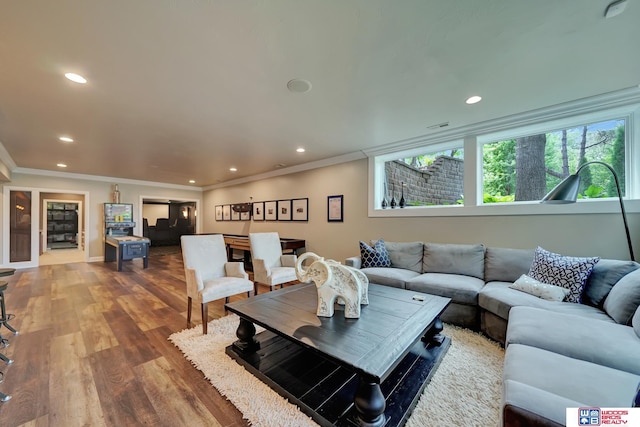 6602 Pheasant Run Pl, Lincoln, NE 68516 - living room with ornamental molding, wood finished floors, recessed lighting, and baseboards