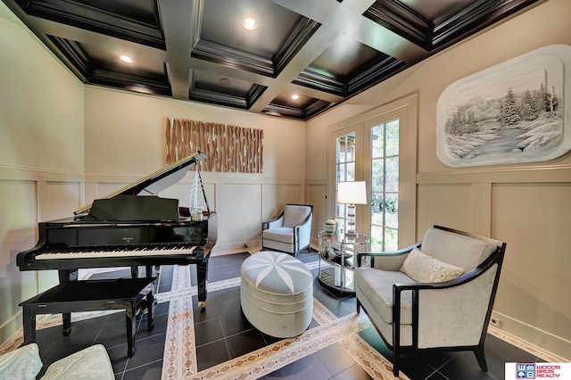 6602 Pheasant Run Pl, Lincoln, NE 68516 - sitting room with a decorative wall, crown molding, coffered ceiling, tile patterned floors, and french doors