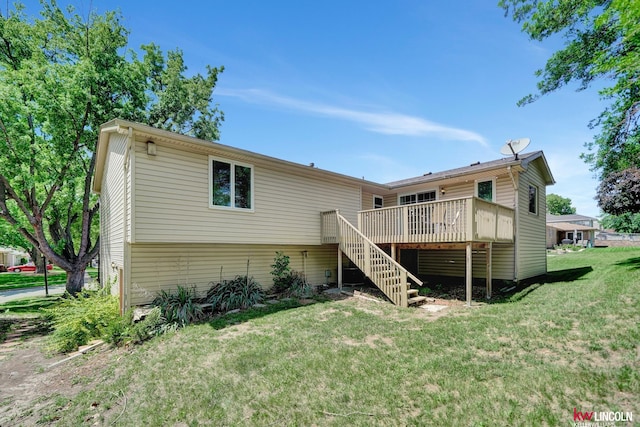 430 N 86th St, Lincoln, NE 68505 - rear view of house with stairs, a wooden deck, and a lawn