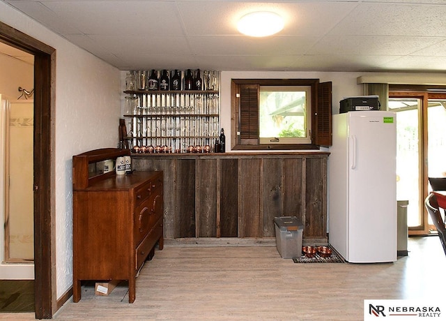 4219 Browning St, Lincoln, NE 68516 - indoor dry bar with freestanding refrigerator, light wood-style flooring, plenty of natural light, and a paneled ceiling