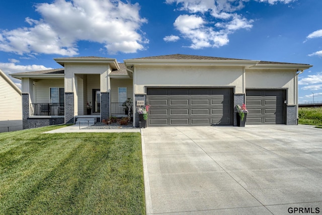 18403 Greenleaf St, Omaha, NE 68136 - prairie-style house featuring a garage, driveway, a front lawn, and stucco siding