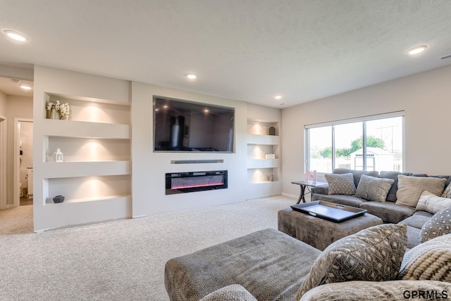 18403 Greenleaf St, Omaha, NE 68136 - living room featuring built in features, carpet floors, a glass covered fireplace, recessed lighting, and baseboards