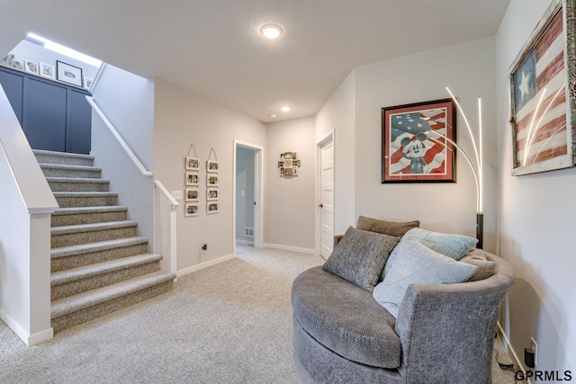 18403 Greenleaf St, Omaha, NE 68136 - living area featuring light carpet, stairs, recessed lighting, and baseboards
