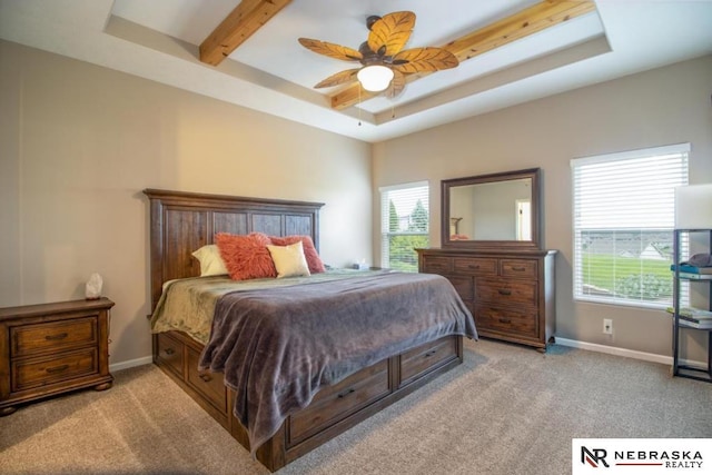 10425 S 110th St, Papillion, NE 68046 - bedroom with light colored carpet, baseboards, a raised ceiling, a ceiling fan, and beam ceiling