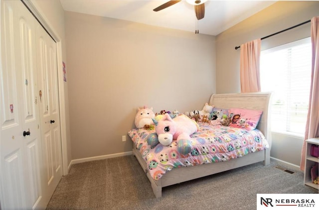 10425 S 110th St, Papillion, NE 68046 - carpeted bedroom featuring a closet, baseboards, multiple windows, and ceiling fan