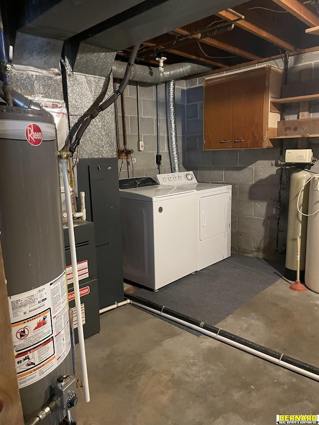 608 N 16th St, Nebraska City, NE 68410 - unfinished basement featuring separate washer and dryer, gas water heater, a water softener, and concrete block wall