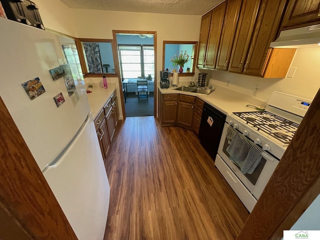 5427 W Hughes St, Lincoln, NE 68524 - kitchen featuring white appliances, under cabinet range hood, dark wood-style floors, a textured ceiling, and light countertops