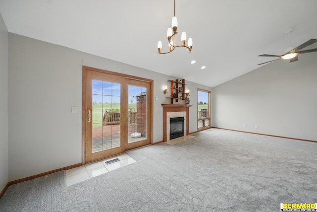 5665 I Rd, Nebraska City, NE 68410 - unfurnished living room with vaulted ceiling, carpet, baseboards, a chandelier, and recessed lighting