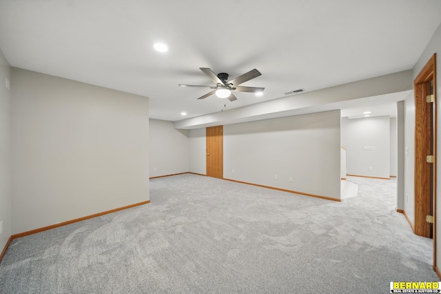 5665 I Rd, Nebraska City, NE 68410 - finished below grade area with light colored carpet, baseboards, recessed lighting, and ceiling fan