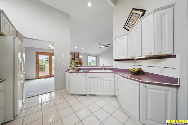 5665 I Rd, Nebraska City, NE 68410 - kitchen featuring white appliances, a sink, ceiling fan, plenty of natural light, and high vaulted ceiling