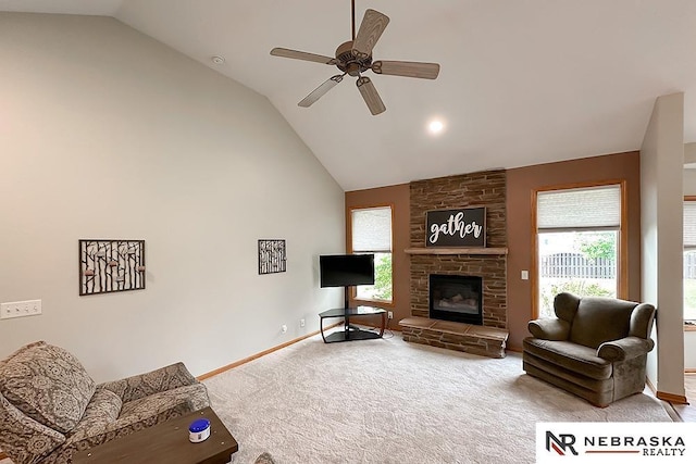 21204 Hampton Dr, Gretna, NE 68028 - living area with healthy amount of natural light, ceiling fan, baseboards, carpet, and high vaulted ceiling