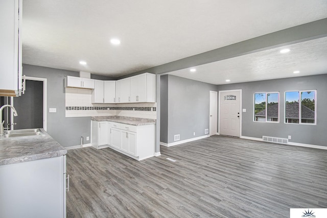 3810 Corby St, Omaha, NE 68111 - kitchen featuring a sink, light wood-type flooring, open floor plan, recessed lighting, and baseboards