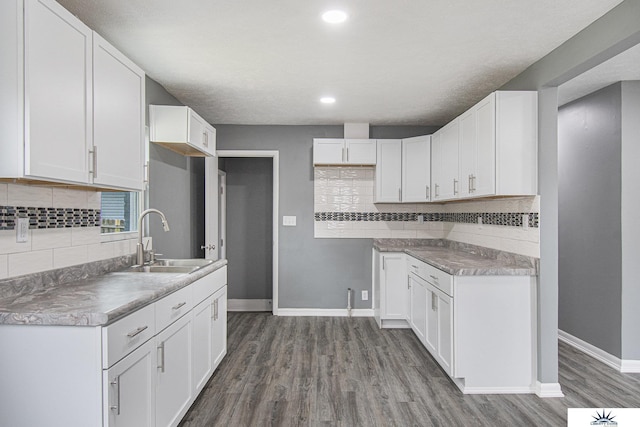 3810 Corby St, Omaha, NE 68111 - kitchen featuring a sink, baseboards, wood finished floors, tasteful backsplash, and recessed lighting