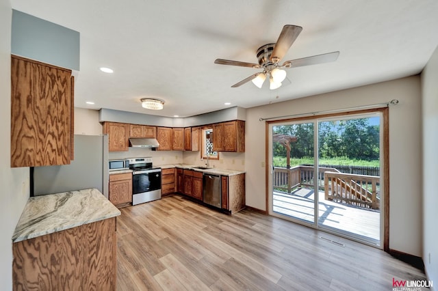235 W Belmont Ave, Lincoln, NE 68521 - kitchen featuring stainless steel appliances, under cabinet range hood, a sink, brown cabinets, and ceiling fan