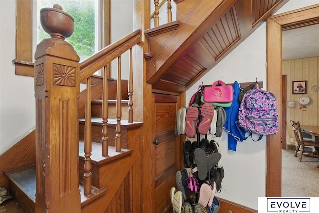 453 W 4th St, Wahoo, NE 68066 - stairs with carpet flooring and vaulted ceiling