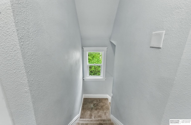 2909 N 26th St, Omaha, NE 68111 - stairway with baseboards, carpet, lofted ceiling, and a textured wall