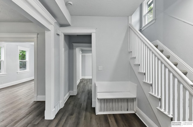 2909 N 26th St, Omaha, NE 68111 - stairway featuring wood finished floors, plenty of natural light, baseboards, and a textured ceiling