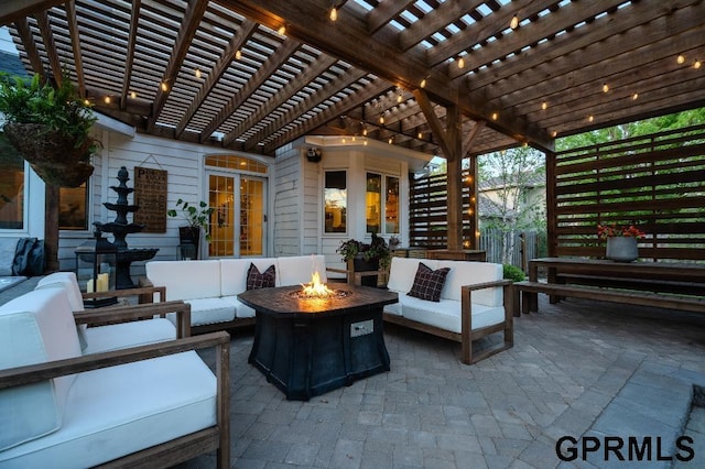 15931 Yates St, Omaha, NE 68116 - view of patio with an outdoor living space with a fire pit and a pergola