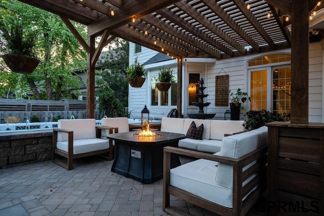 15931 Yates St, Omaha, NE 68116 - view of patio featuring an outdoor living space with a fire pit and a pergola
