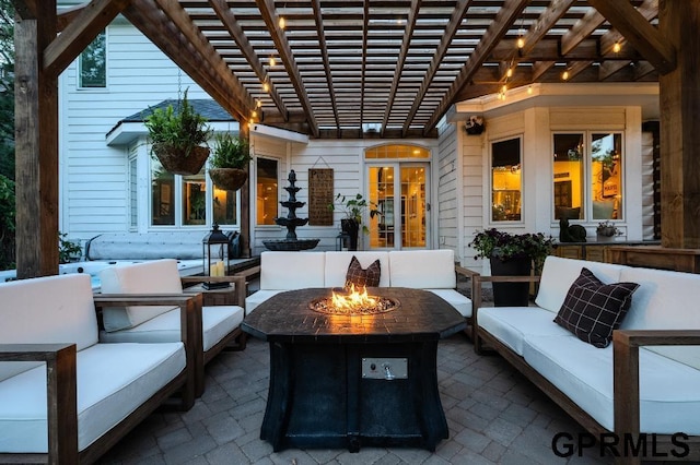 15931 Yates St, Omaha, NE 68116 - view of patio with an outdoor living space with a fire pit and a pergola