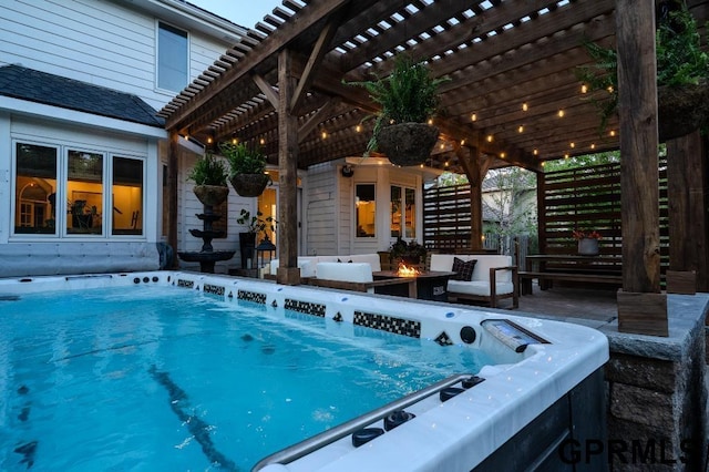 15931 Yates St, Omaha, NE 68116 - view of pool with a pergola, a fire pit, a pool, and stairway