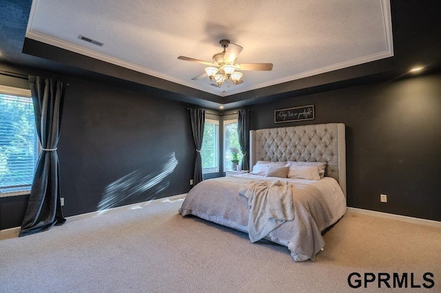 15931 Yates St, Omaha, NE 68116 - bedroom with a tray ceiling, crown molding, carpet flooring, baseboards, and a ceiling fan
