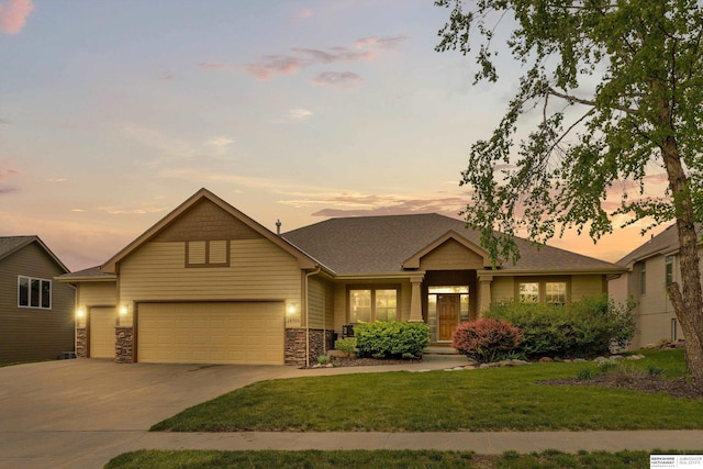 14906 Hanover St, Bennington, NE 68007 - view of front of property with concrete driveway, an attached garage, a front lawn, stone siding, and a shingled roof