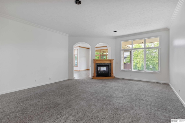 14906 Hanover St, Bennington, NE 68007 - unfurnished living room with ornamental molding, a multi sided fireplace, carpet floors, arched walkways, and baseboards