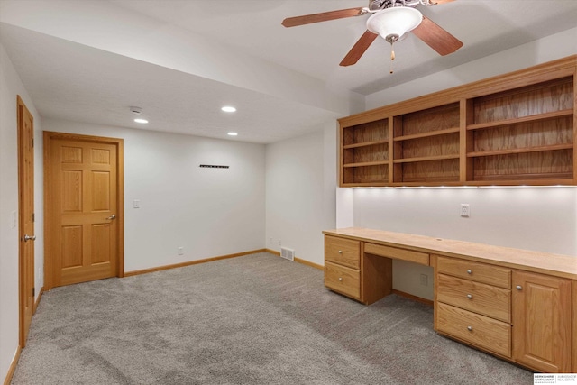 14906 Hanover St, Bennington, NE 68007 - unfurnished office featuring built in study area, light carpet, recessed lighting, ceiling fan, and baseboards