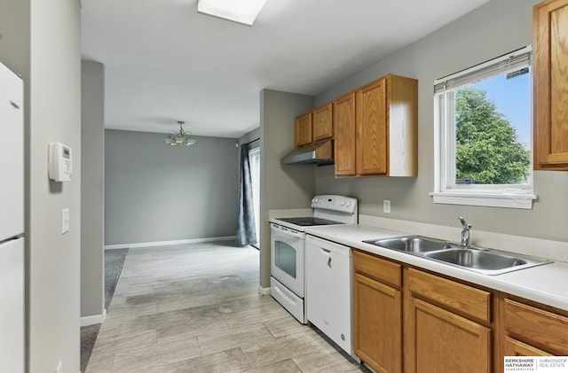 1502 Florence Blvd, Omaha, NE 68110 - kitchen with under cabinet range hood, white appliances, a sink, and light countertops