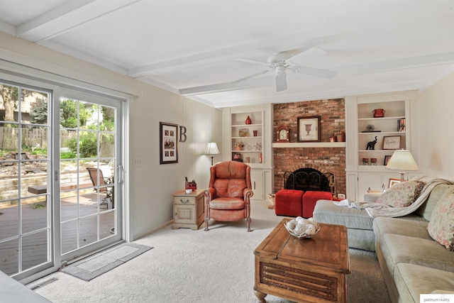 2106 S 145th Ave, Omaha, NE 68144 - carpeted living area with built in features, a ceiling fan, beam ceiling, and a fireplace