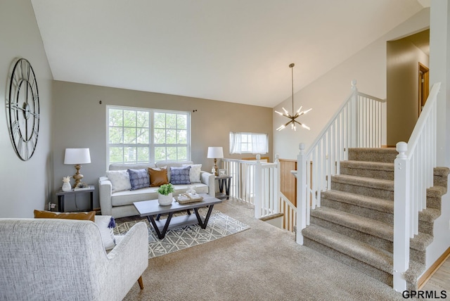15614 Redwood St, Omaha, NE 68136 - living area featuring a chandelier, vaulted ceiling, carpet floors, and stairway