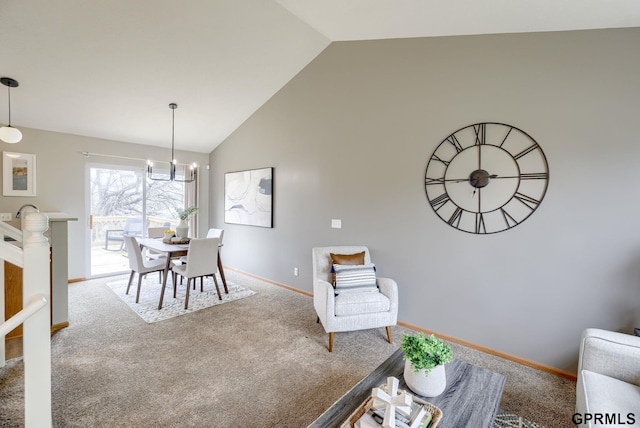 15614 Redwood St, Omaha, NE 68136 - dining room featuring carpet, baseboards, a chandelier, and high vaulted ceiling