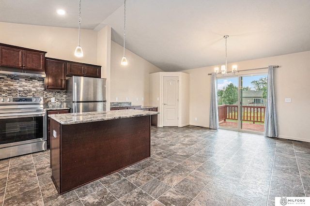 7423 N 139th Ave, Omaha, NE 68142 - kitchen with appliances with stainless steel finishes, under cabinet range hood, dark brown cabinetry, dark stone finish floors, and high vaulted ceiling
