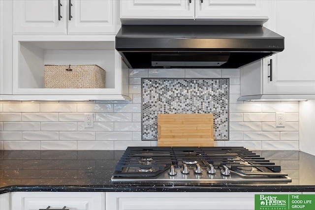 16831 Chandler St, Omaha, NE 68136 - kitchen with ventilation hood, stainless steel gas cooktop, white cabinets, and decorative backsplash