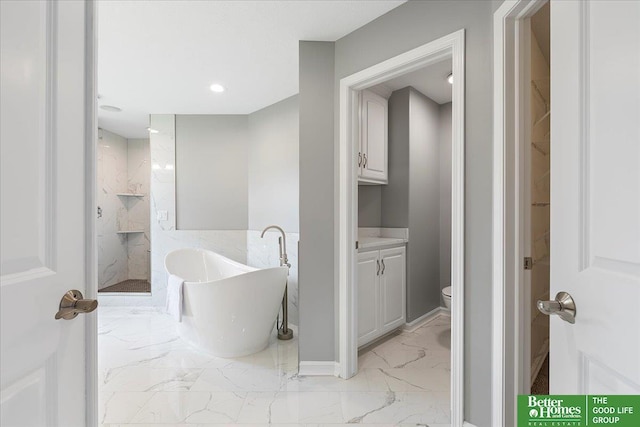 16831 Chandler St, Omaha, NE 68136 - bathroom with marble finish floors, a freestanding bath, toilet, a marble finish shower, and a walk in closet