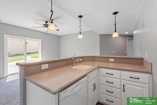 16831 Chandler St, Omaha, NE 68136 - kitchen with a sink, white dishwasher, white cabinets, pendant lighting, and ceiling fan