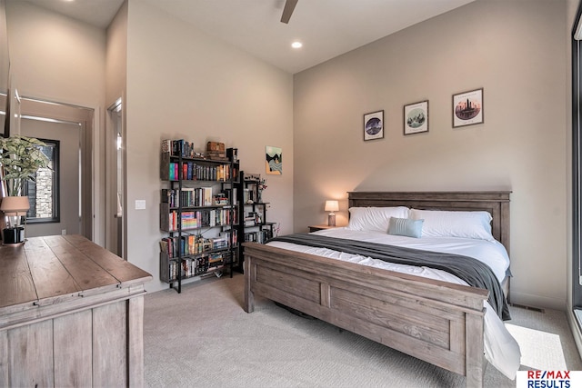 1520 S 218th St, Elkhorn, NE 68022 - bedroom featuring light colored carpet, recessed lighting, a high ceiling, and ceiling fan