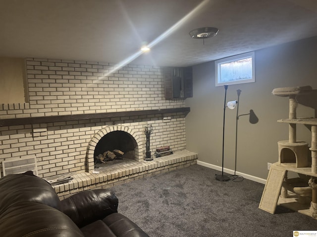 7624 Nebraska Ave, Omaha, NE 68134 - living area featuring carpet flooring, a brick fireplace, and baseboards