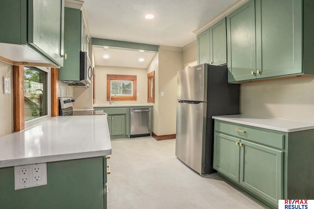 4709 Cuming St, Omaha, NE 68132 - kitchen featuring green cabinetry, stainless steel appliances, light countertops, and recessed lighting